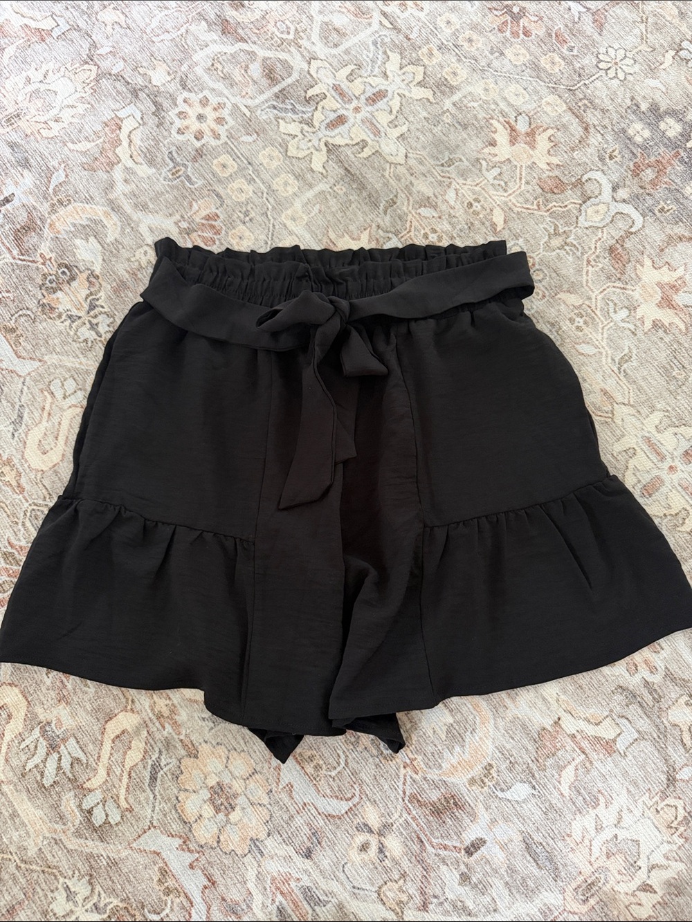 High-Waist Black Ruffle Tie-Front Shorts